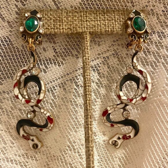 Vintage Snake Drop Earrings with Emerald Crystal Studs - Picture 1 of 2